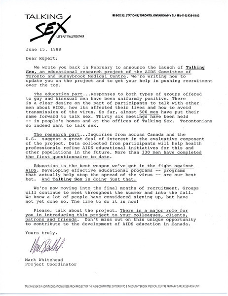 Download the full-sized image of Letter from Mark Whitehead to Rupert Raj (June 15, 1988)