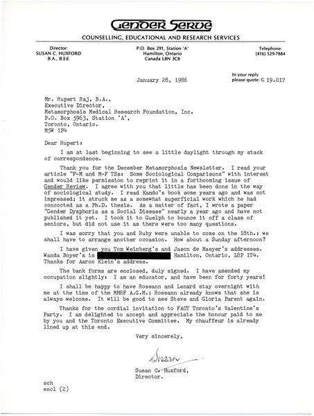 Download the full-sized image of Letter from Susan C. Huxford to Rupert Raj (January 28, 1986)