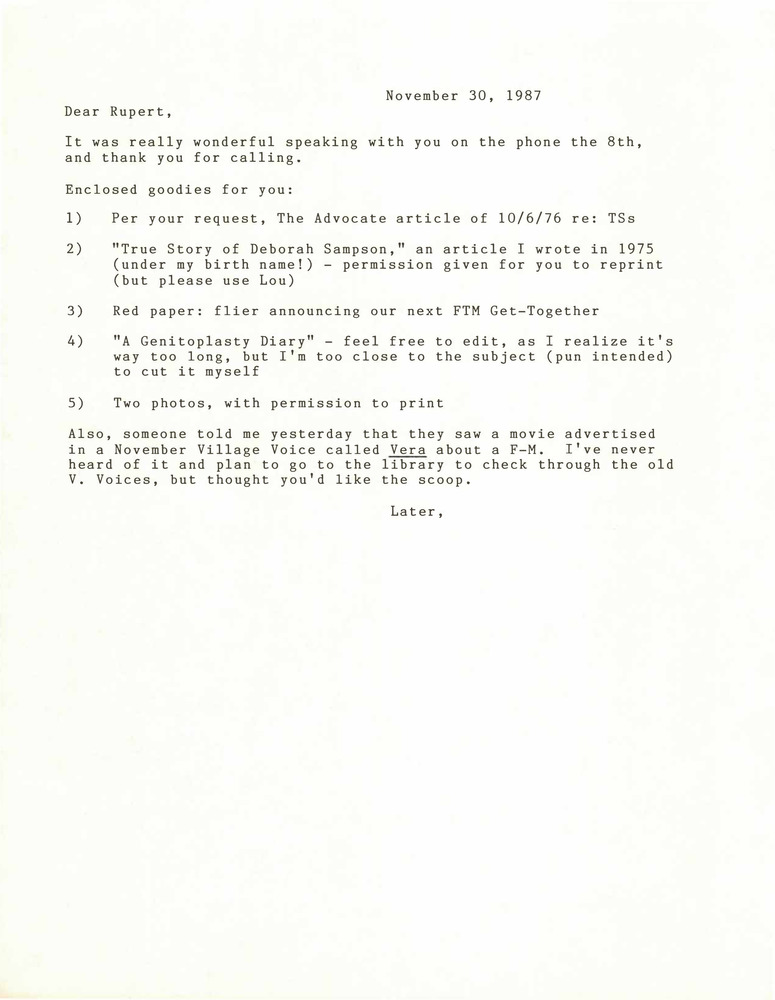 Download the full-sized PDF of Correspondence from Lou Sullivan to Rupert Raj (November 30, 1987)