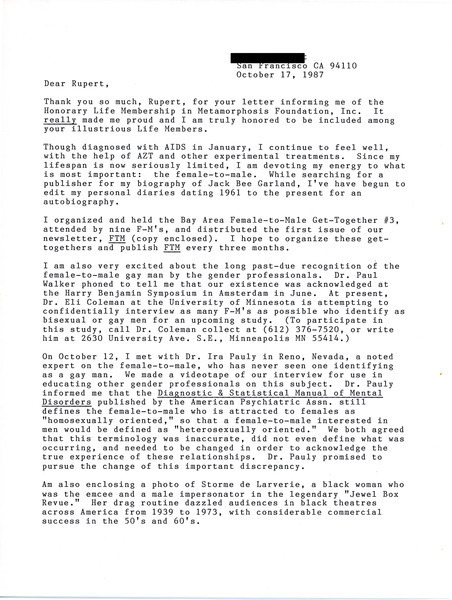Download the full-sized image of Letter from Lou Sullivan to Rupert Raj (October 17, 1987)