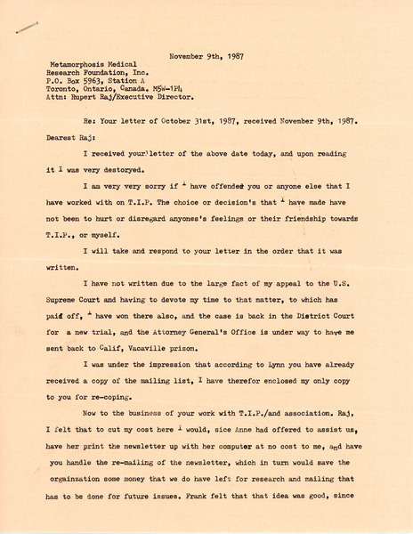 Download the full-sized image of Letter from Vanessa Meriwether to Rupert Raj (November 9, 1987)