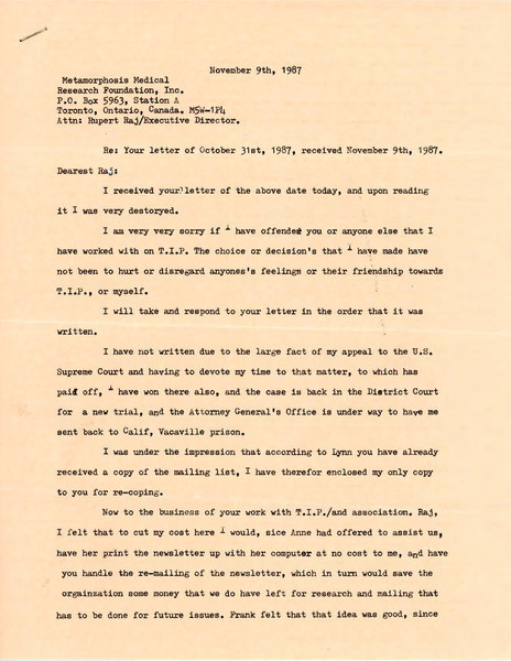 Download the full-sized image of Letter from Vanessa Meriwether to Rupert Raj (November 9, 1987)