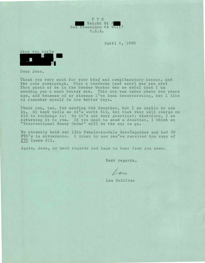 Download the full-sized PDF of Correspondence from Lou Sullivan to Jean Aarle (April 4, 1990)