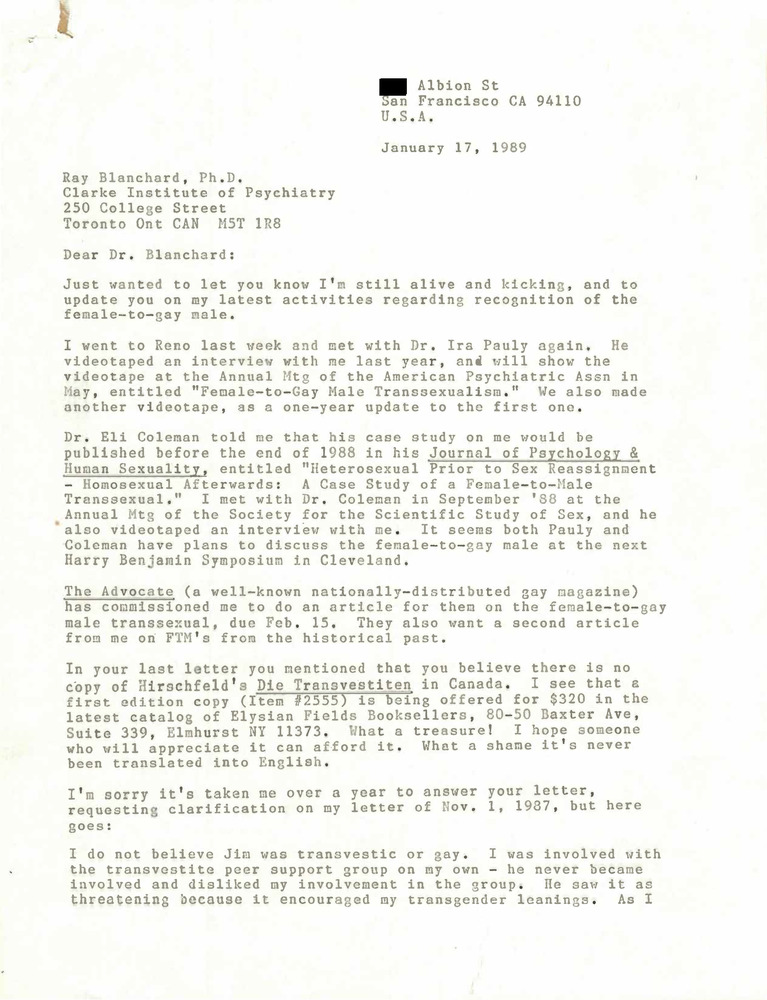 Download the full-sized PDF of Correspondence from Lou Sullivan to Ray Blanchard (January 17, 1989)