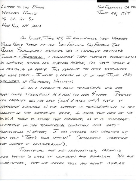 Download the full-sized image of Letter from Lou Sullivan to the Editor (June 25, 1984)