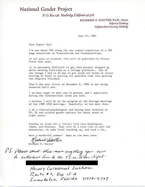 Download the full-sized image of Letter from Richard Docter to Rupert Raj (June 27, 1987)