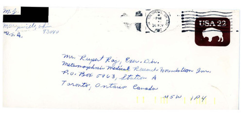 Download the full-sized image of Letters and Envelope from Frank to Rupert Raj (November 1987)