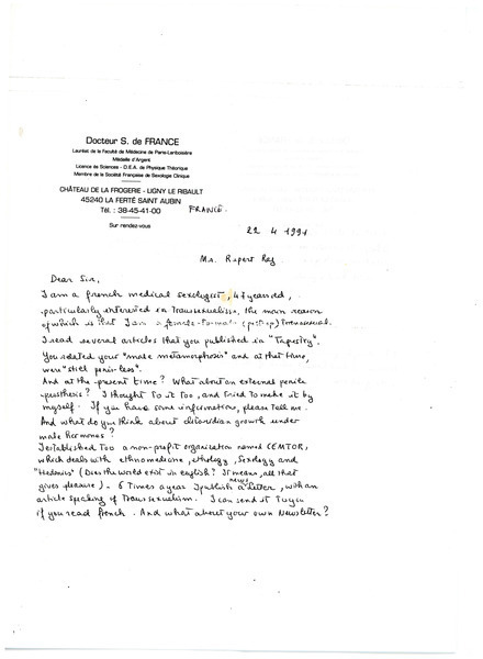 Download the full-sized image of Letter from Dr. S. de France to Rupert Raj (April 22, 1994)