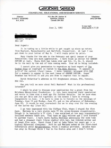 Download the full-sized image of Letter from Susan Huxford to Rupert Raj (June 3, 1982)