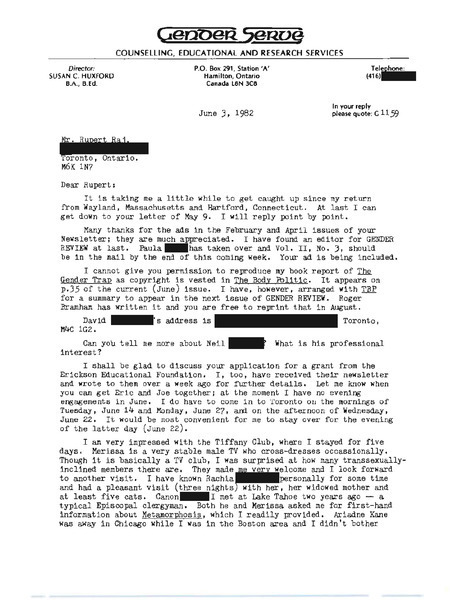 Download the full-sized image of Letter from Susan Huxford to Rupert Raj (June 3, 1982)