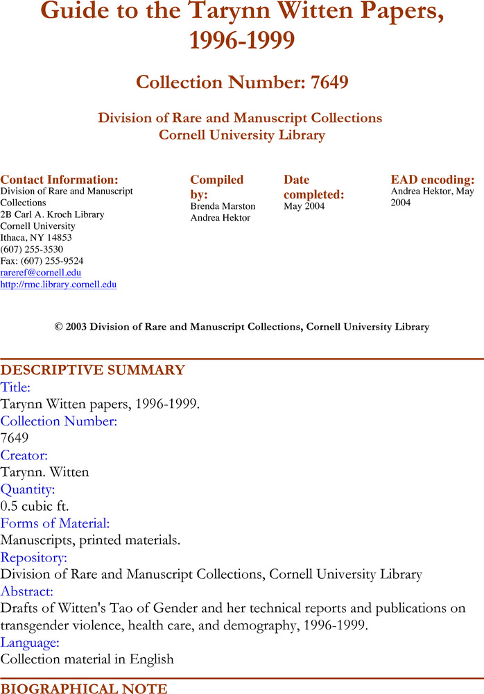 Download the full-sized PDF of Guide to the Tarynn Witten Papers, 1996-1999