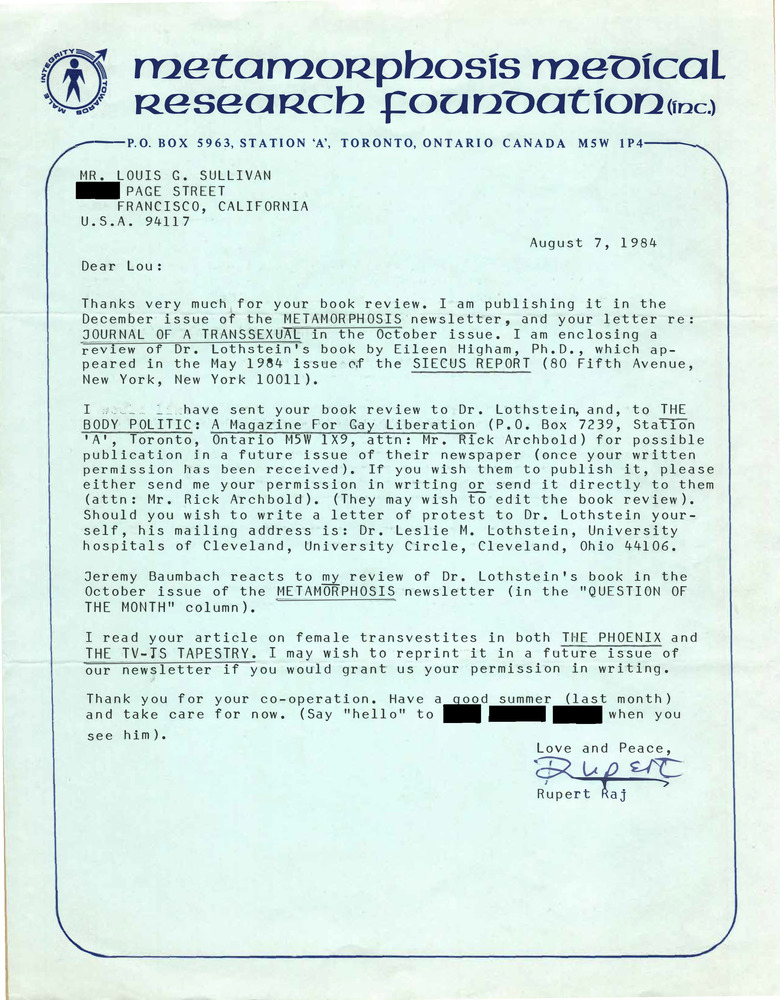 Download the full-sized PDF of Correspondence from Rupert Raj to Lou Sullivan (August 7, 1984)