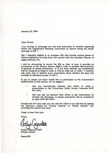 Download the full-sized image of Letter from Evelyn Gigantes (January 22, 1986)