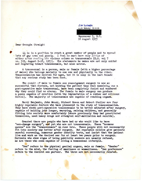 Download the full-sized image of Letter from Jim Loewen to Georgia Straight (August 16, 1973)