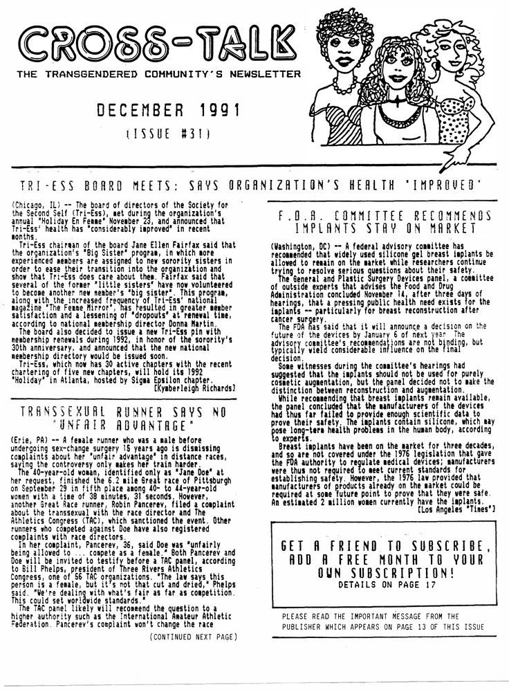 Download the full-sized PDF of Cross-Talk: The Gender Community’s News & Information Monthly No. 31 (December, 1991)
