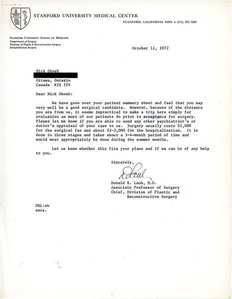 Download the full-sized image of Letter from Donald R. Laub to Rupert Raj (October 11, 1972)