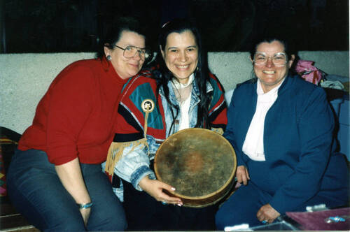 Download the full-sized image of Myra Laramee (centre) and friends at 2nd National Aboriginal AIDS Conference Vancouver, 1991