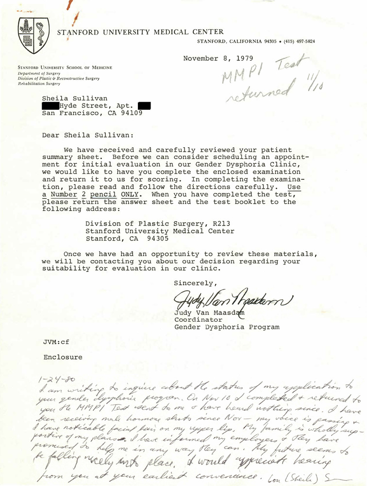Download the full-sized PDF of Correspondence Between Judy Van Maasdam and Lou Sullivan (November 1979-January 1980)