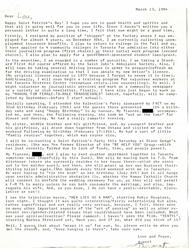 Download the full-sized PDF of Correspondence from Rupert Raj to Lou Sullivan (March 13, 1984)