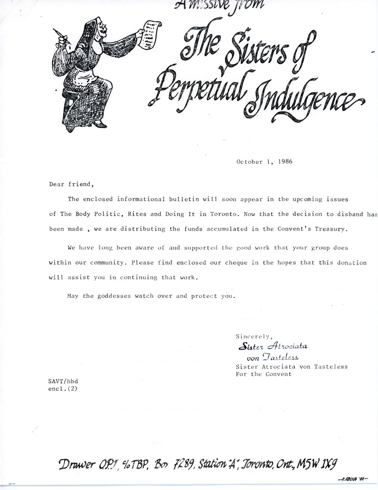 Download the full-sized PDF of Letter from Sister Atrociata von Tasteless (October 1, 1986)