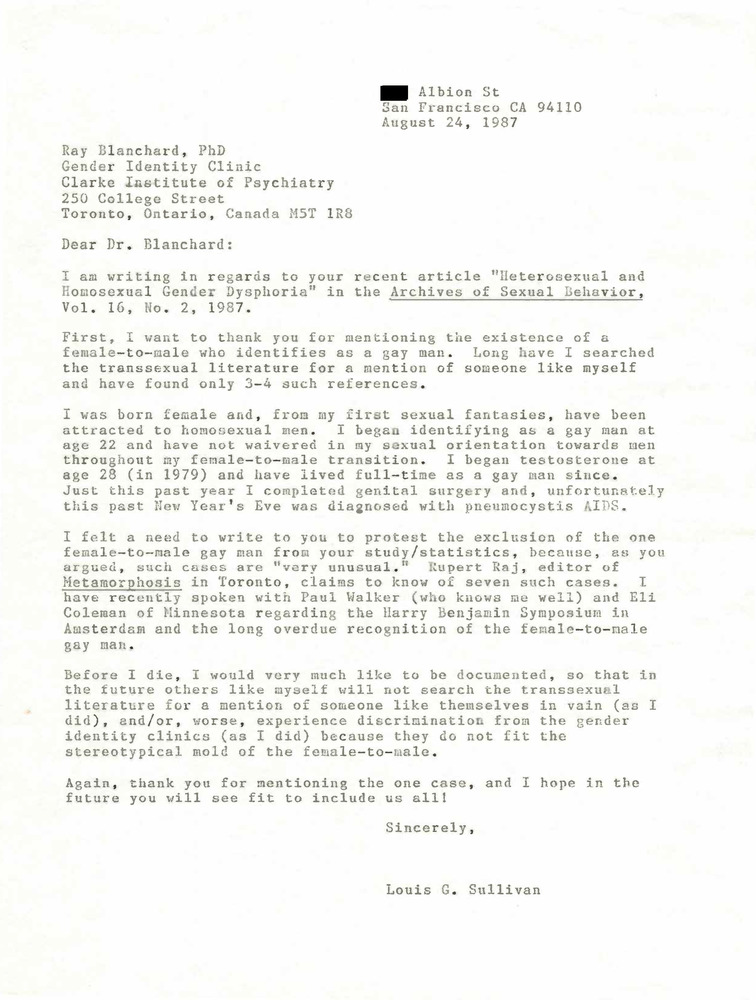 Download the full-sized PDF of Correspondence from Lou Sullivan to Ray Blanchard (August 24, 1987)
