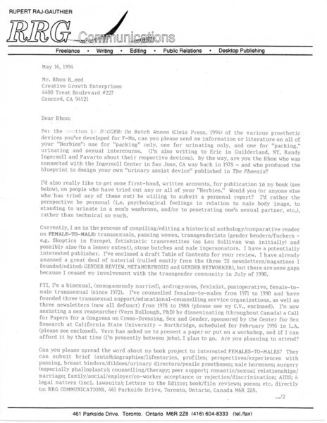 Download the full-sized image of Letter from Rupert Raj to Rhon Reed (May 16, 1994)