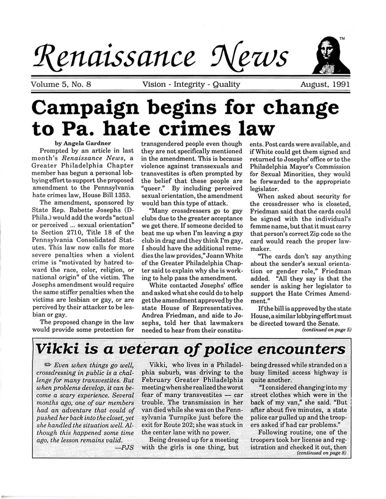 Download the full-sized PDF of Renaissance News, Vol. 5 No. 8 (August 1991)