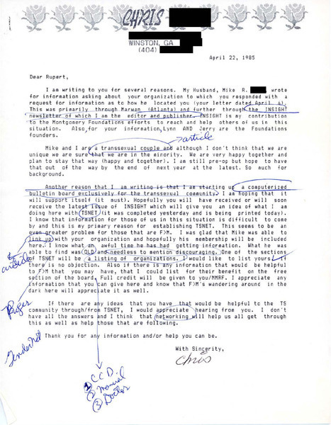 Download the full-sized image of Letter from Chris to Rupert Raj (April 22, 1985)