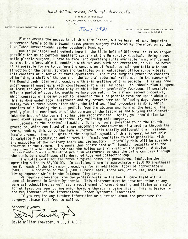 Download the full-sized PDF of Correspondence from David Foerster to Lou Sullivan (July 1981)