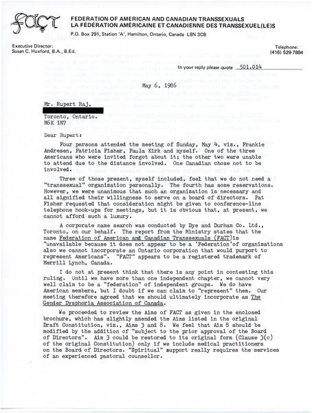 Download the full-sized image of Letter from Susan C. Huxford to Rupert Raj (May 6, 1986)