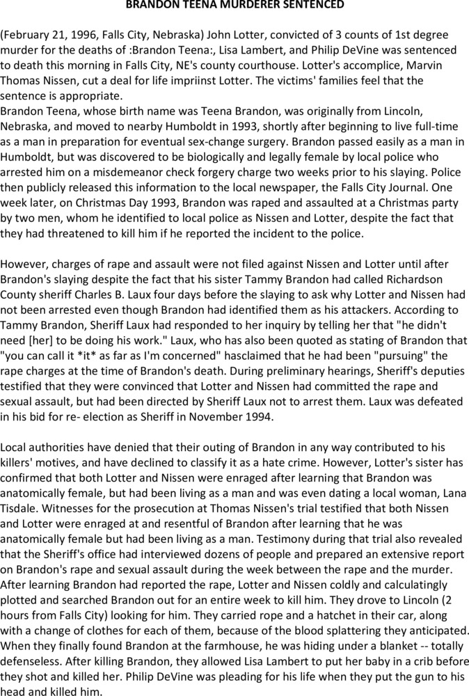 Download the full-sized PDF of BRANDON TEENA MURDERER SENTENCED