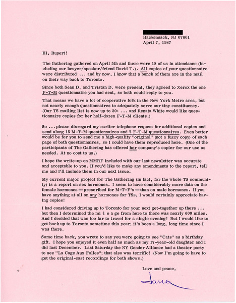Download the full-sized image of Letter from Jana Thompson to Rupert Raj (April 7, 1987)
