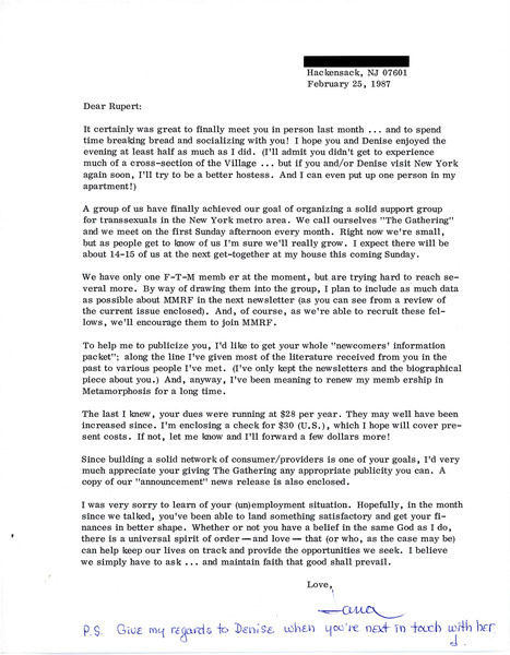 Download the full-sized image of Letter from Jana Thompson to Rupert Raj (Feburary 25, 1987)
