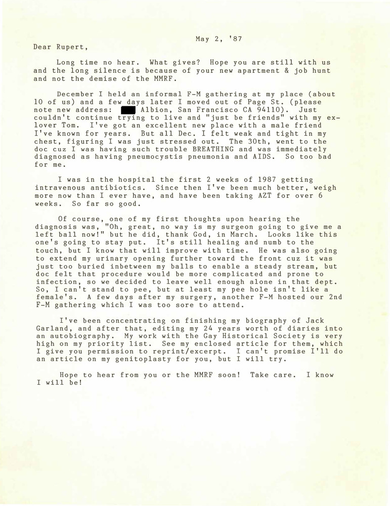 Download the full-sized PDF of Correspondence from Lou Sullivan to Rupert Raj (May 2, 1987)