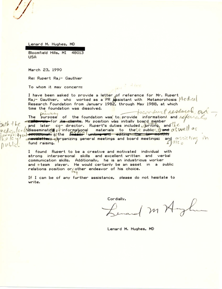 Download the full-sized PDF of Letter of Recommendation for Rupert Raj from Lenard M. Hughes (March 23, 1990)