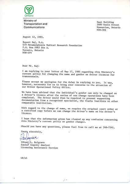 Download the full-sized image of Letter from Miss L. Belgrave to Rupert Raj (August 12, 1986)