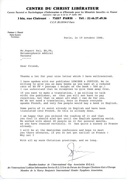 Download the full-sized image of Letter from Pastor J. Doucé to Rupert Raj (October 19, 1986)