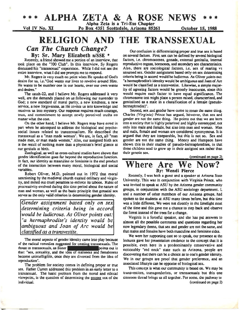 Download the full-sized PDF of Alpha Zeta & A Rose News Vol. 4 No. 11 (October 15, 1988)