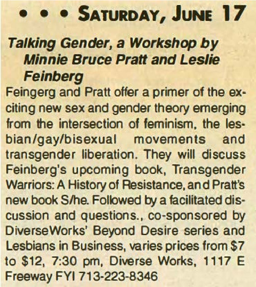 Download the full-sized image of Talking Gender, a Workshop by Minnie Bruce Pratt and Leslie Feinberg