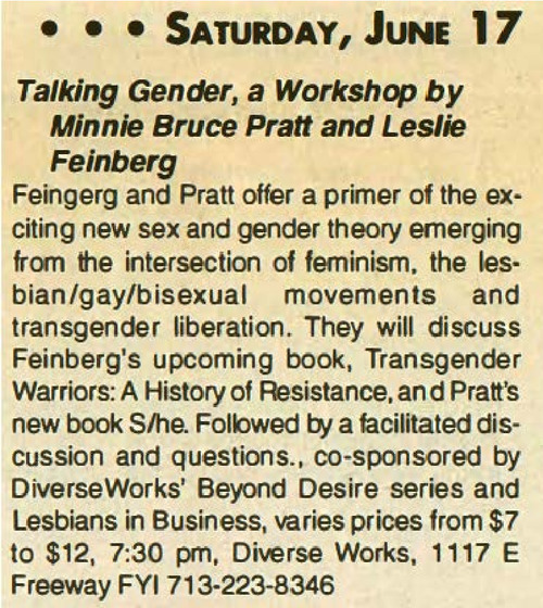Download the full-sized image of Talking Gender, a Workshop by Minnie Bruce Pratt and Leslie Feinberg