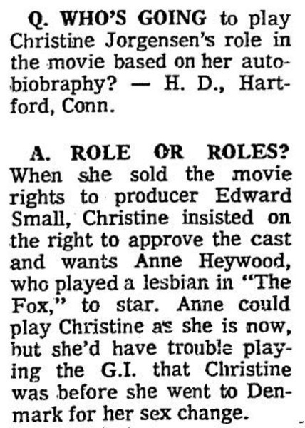Download the full-sized image of Who's Going to Play Christine Jorgensen's Role?