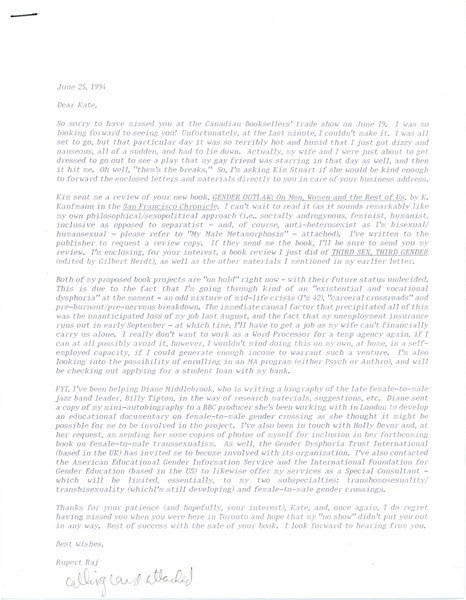 Download the full-sized image of Letters from Rupert Raj to Kate Bornstein (June 25, 1994)