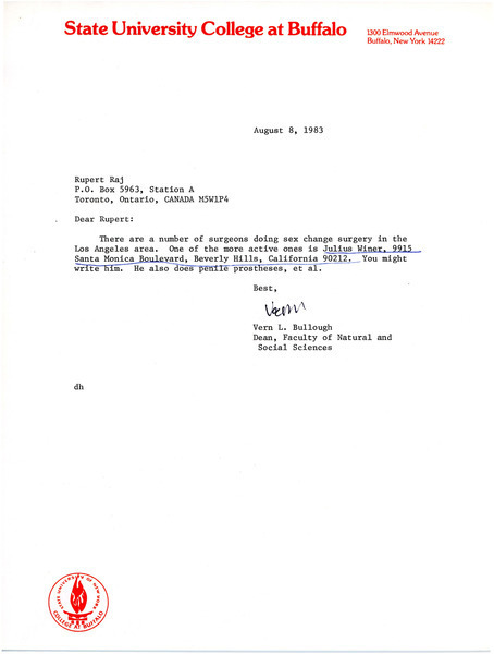 Download the full-sized image of Letters from Vern L. Bullough to Rupert Raj (1983, 1984)