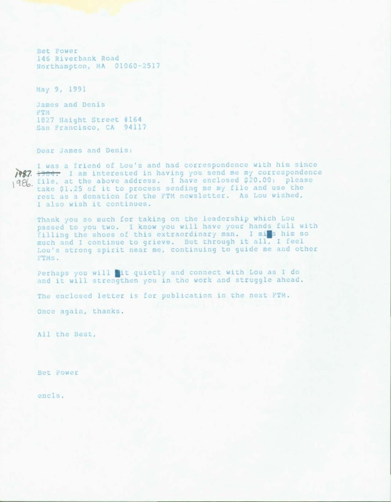 Download the full-sized PDF of Letter from Bet Power to FTM (May 9, 1991)