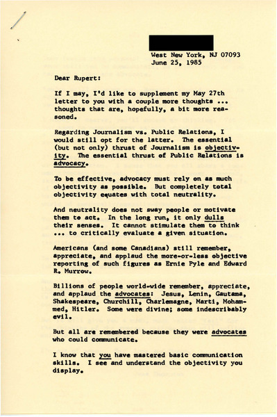 Download the full-sized image of Letter from Jana Thompson to Rupert Raj (June 25, 1985)