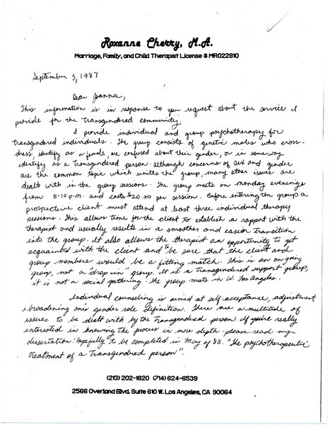 Download the full-sized image of Letter from Roxanne Cherry to Joanna Clark (September 3, 1987)