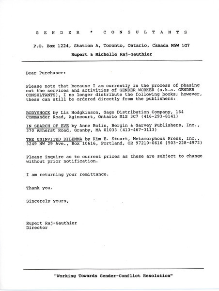 Download the full-sized image of Series of Letters to Editors and Purchasers of the Gender Networker (1990)