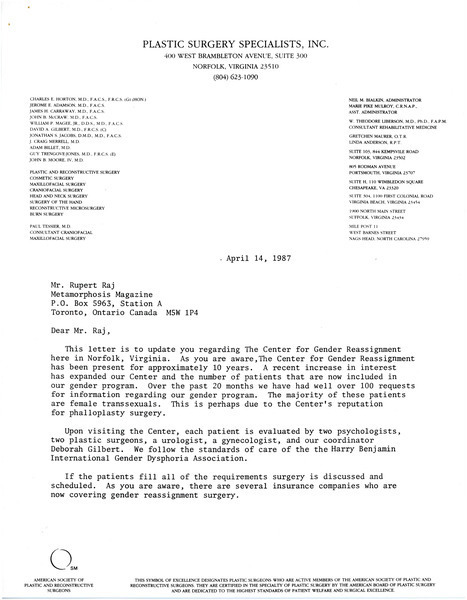 Download the full-sized image of Letter from Dr. David A. Gilbert to Rupert Raj (April 14, 1987)