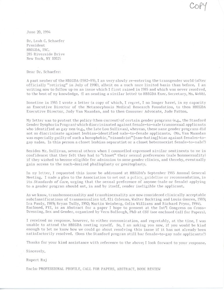 Download the full-sized PDF of Letter from Rupert Raj to Dr. Leah C. Schaefer (June 20, 1994)