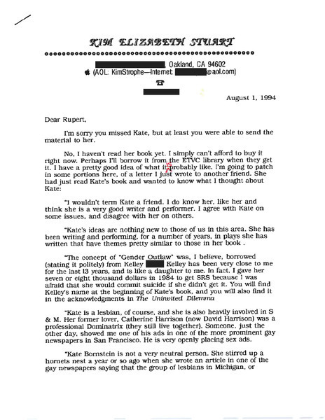 Download the full-sized image of Letter from Kim Elizabeth Stuart to Rupert Raj (August 1, 1994)